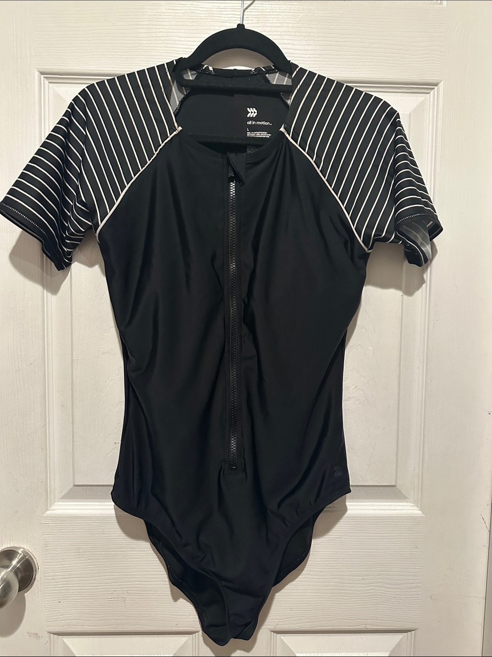 all in motion Black Short-Sleeve Zip-Front One-Piece with Striped Sleeves